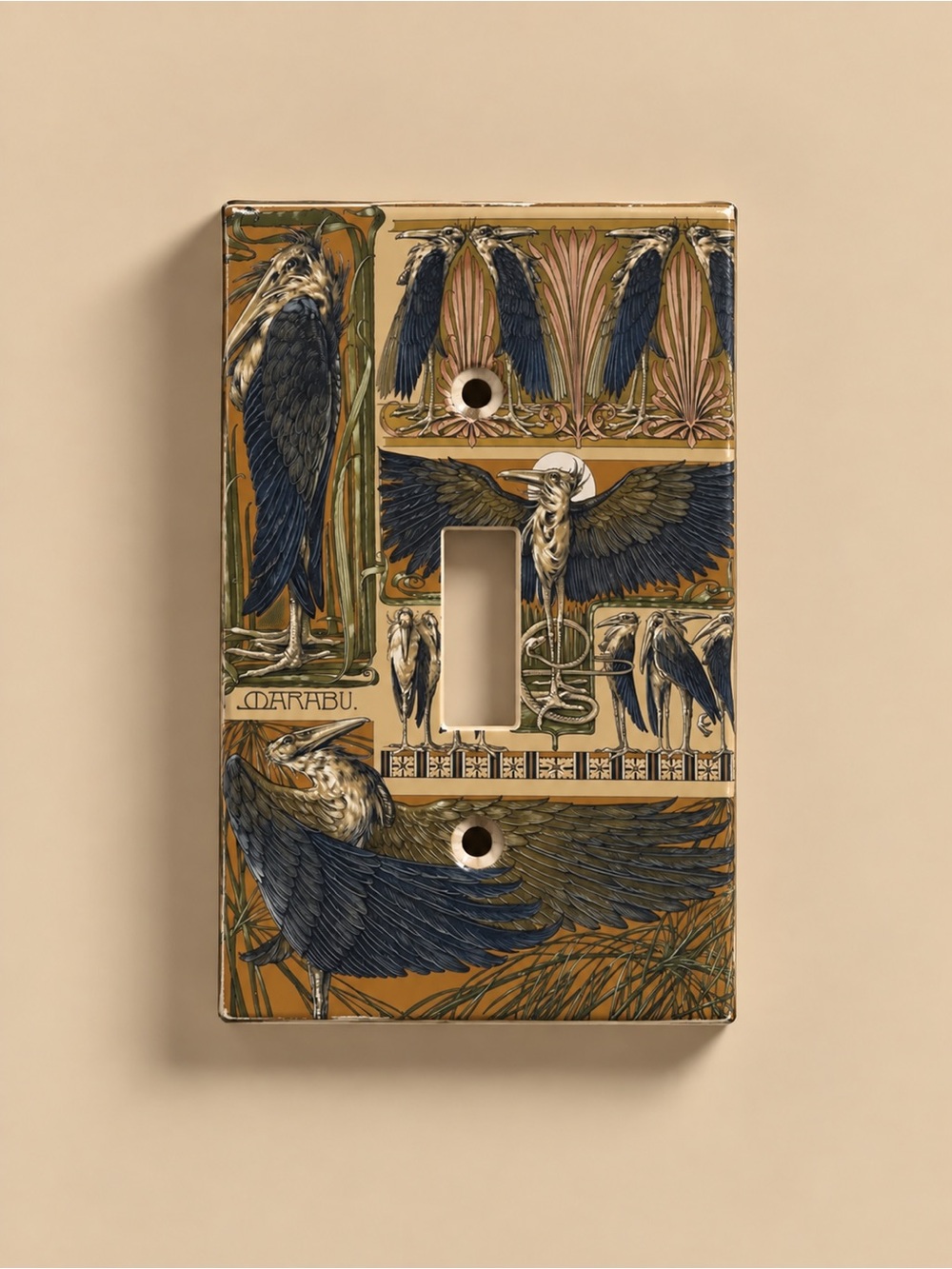 Hand-Made Heron Decorative Light Switch Plate - Blue & Tan